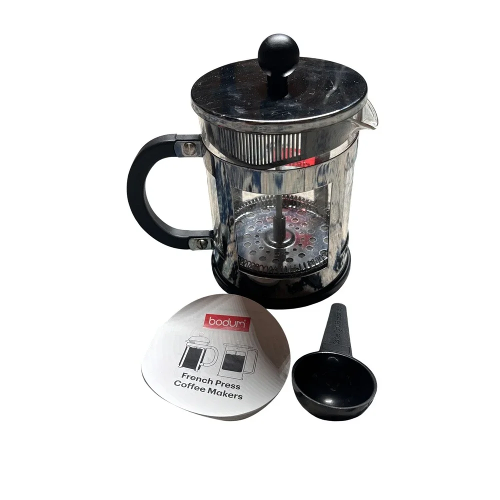 Bodum French Press Coffee Maker Chrome Glass Manual Brewer with Scoop Silver